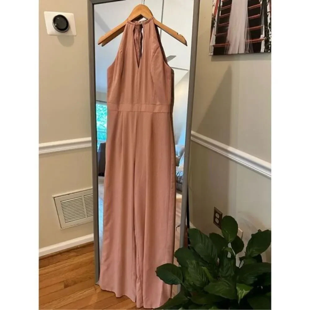 NikiBiki Dusty Pink Halter Jumpsuit Wide Leg Size Small Beaded Neckline